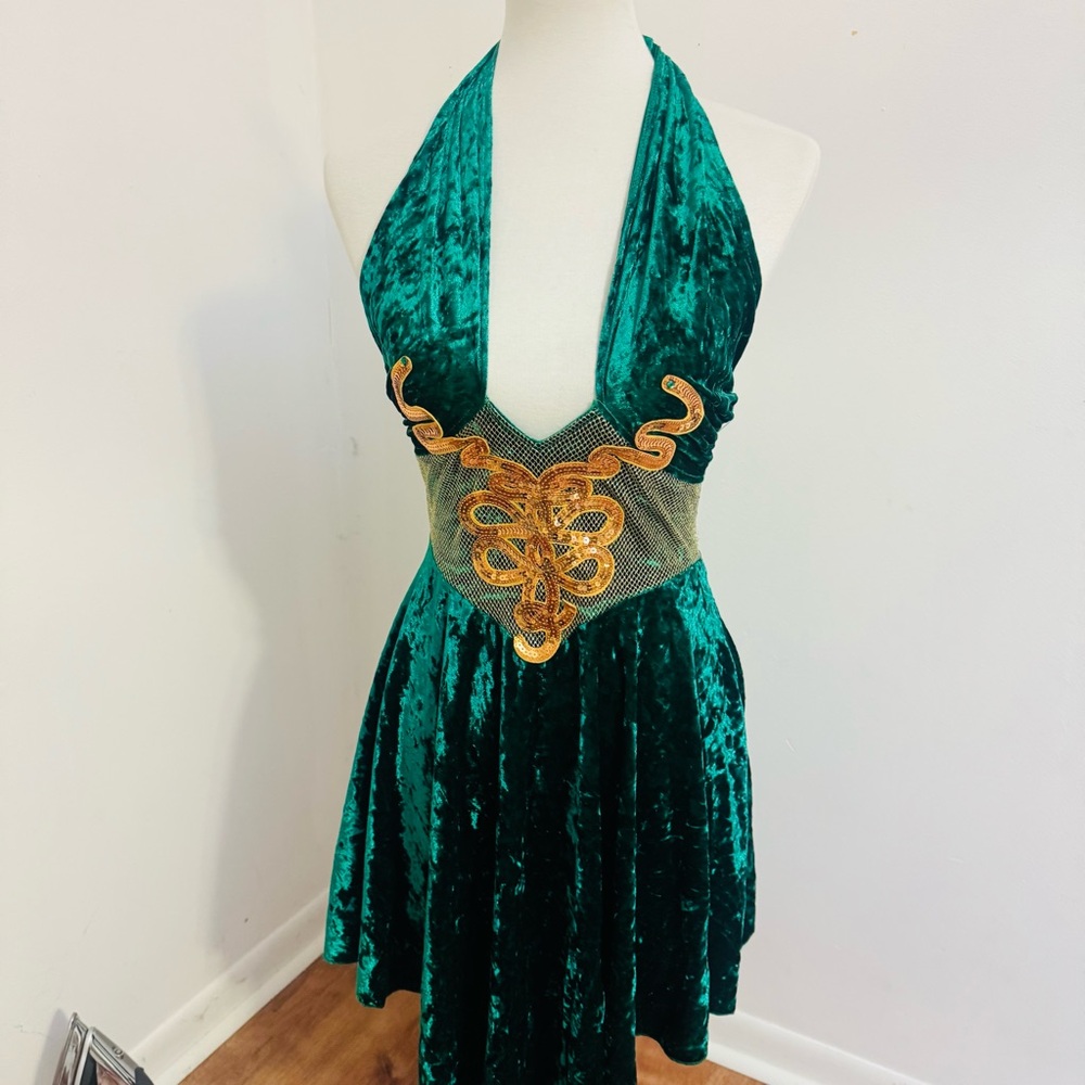 Emerald Green Velvet Halter Dress with Gold Accents